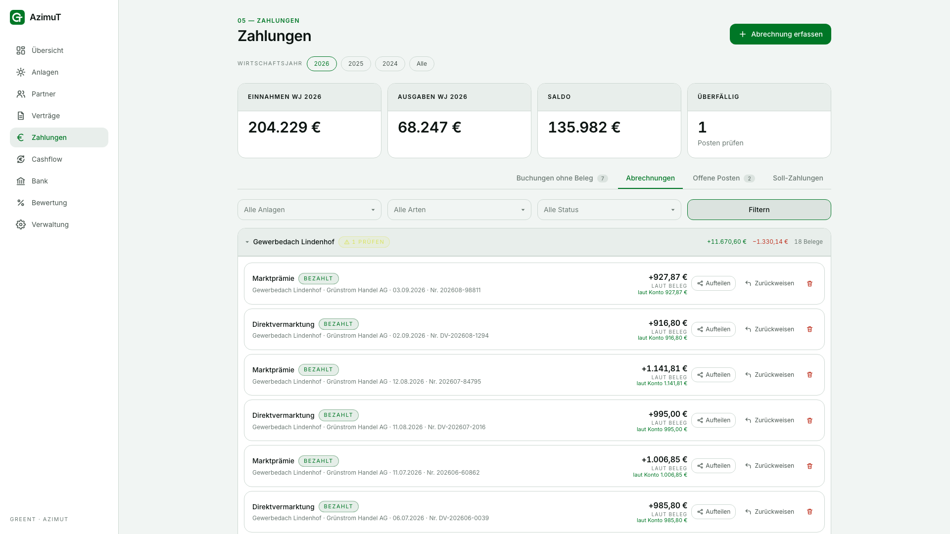 Zahlungen und Belege in AzimuT